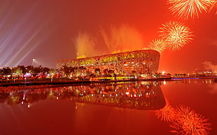 architectural building with fireworks