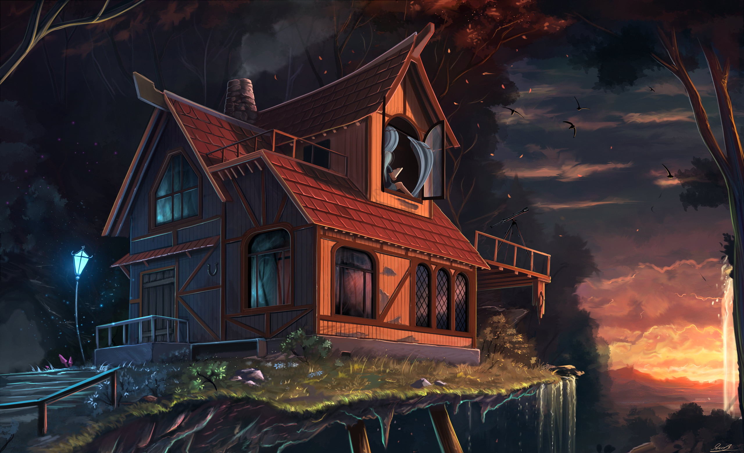 brown wooden house illustration, fantasy art, drawing, cabin, sunset