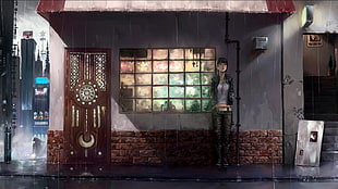 female person leaning on wall illustration, futuristic, cyberpunk, rain