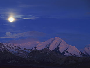 snowy top mountains, sunset HD wallpaper