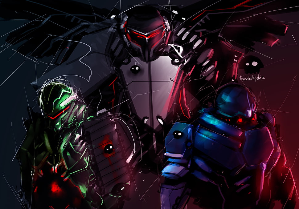 three assorted robots illustration, robot, cyborg, mech, science fiction HD wallpaper
