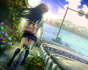 black-haired female character illustration, school uniform, bicycle, backpacks, river HD wallpaper