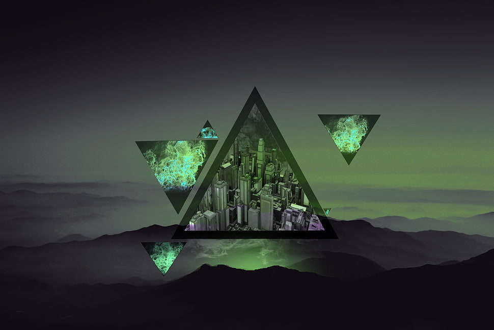 black, gray, and green digital wallpaper, triangle HD wallpaper