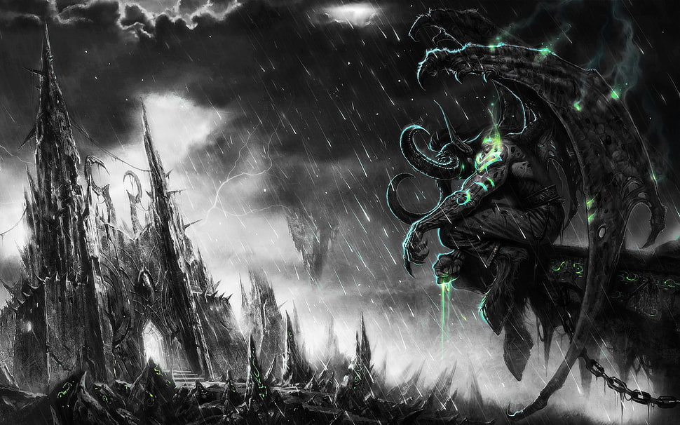 Gargoyle illustration, Illidan Stormrage, World of Warcraft, dark, green HD wallpaper