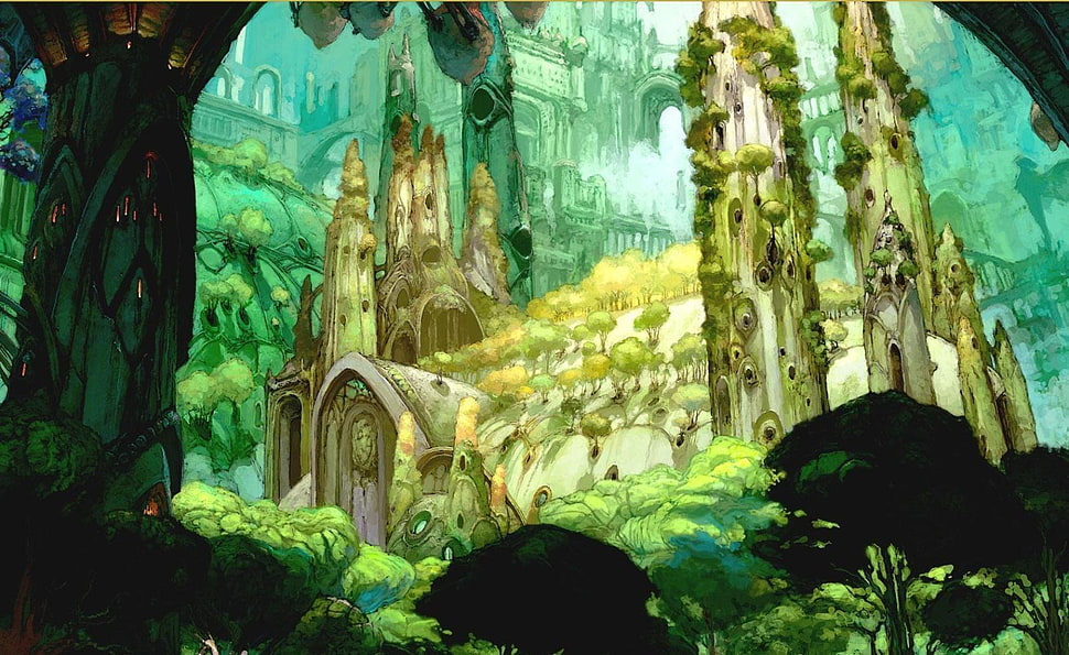green and brown animated castle illustration HD wallpaper