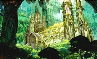 green and brown animated castle illustration