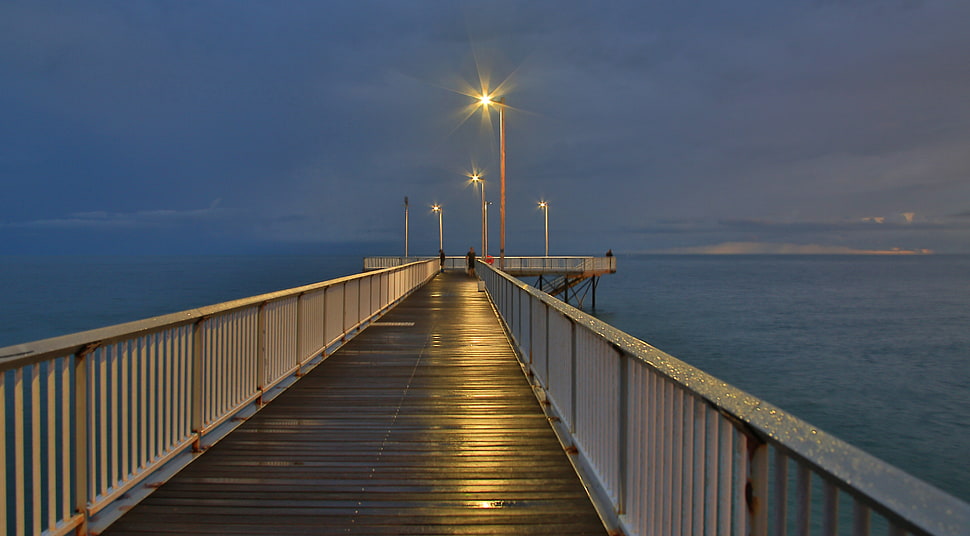landscape photography of lighted breakwater bridge, nightcliff HD wallpaper