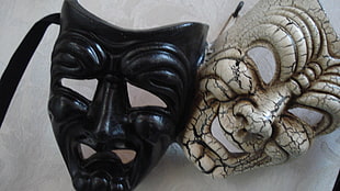 black and white face mask wall decor, mask, simple background, Melpomene