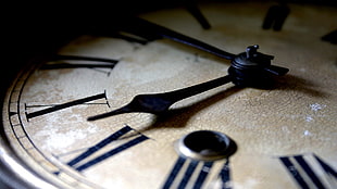 closeup photo of brown and black roman numeric analog clock