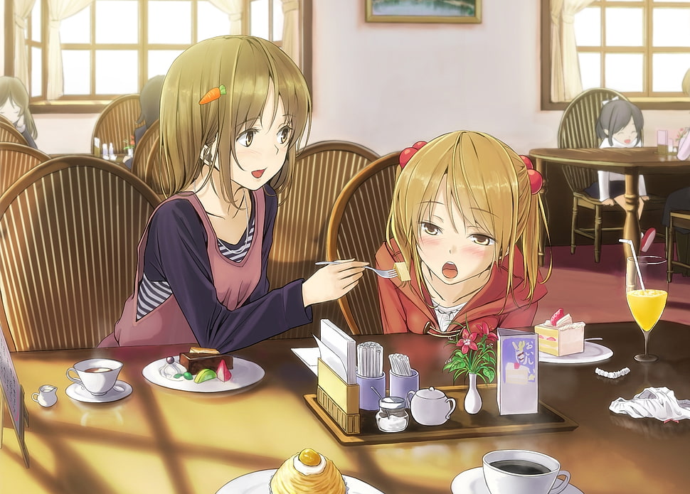 two girl anime character sit on chair HD wallpaper