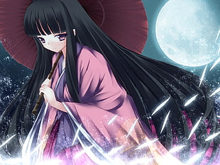 female anime character wearing Japanese traditional dress holding umbrella graphic wallpaper