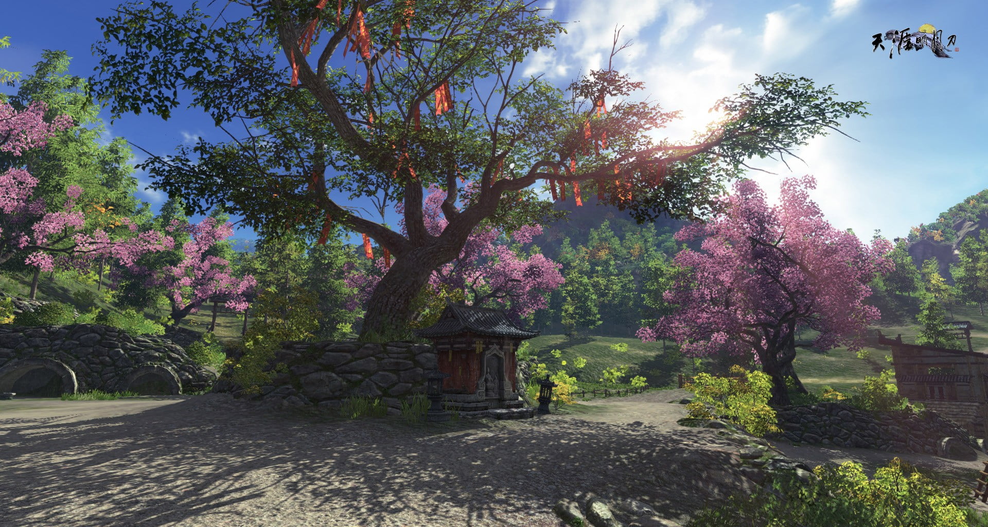 pink cherry blossom tree game application loading screen, WuXia, China, gamers