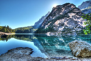 clear body of water across mountain, clouds, lake, mountains, nature