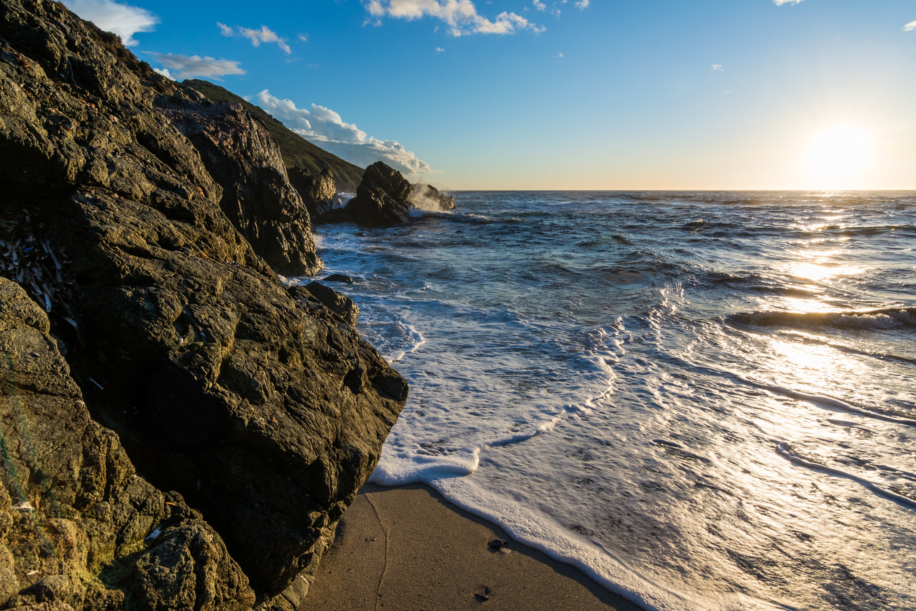 brown and black wooden fence, Corsica, sunset, sea, rock