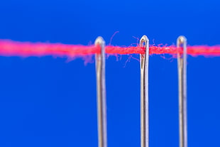macro selective focus photography of three sewing needles with red  thread