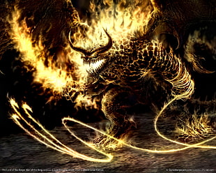 flaming monster with horns game character HD wallpaper