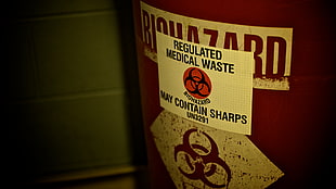 red and white Biohazard can, biohazard, barrels