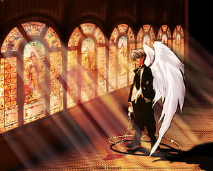 boy with wings near window anime illustration