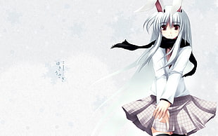 girl wearing white long-sleeved shirt and grey skirt anime character illustration