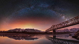 gray concrete bridge, lake, bridge, stars, Switzerland