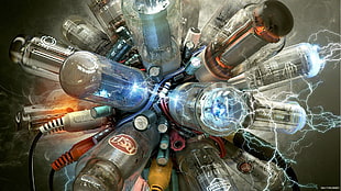 assorted-color bottle lot, artwork, fantasy art, digital art, lightbulb