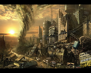 hurricane and city illustration, Fallout, video games, apocalyptic