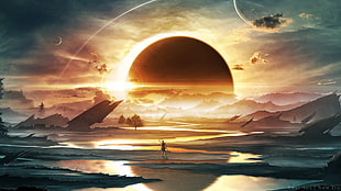 sun covered with moon graphic wallpaper, artwork, science fiction, landscape, space