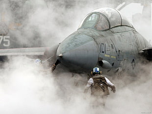 gray fighter aircraft, aircraft, smoke, military aircraft, F-14 Tomcat HD wallpaper