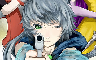 photography of woman cartoon anime holding gun HD wallpaper