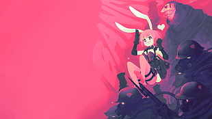 pink and black abstract painting, bunny suit, gas masks, gun, love
