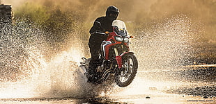 black and orange motocross dirt bike, Honda Africa Twin, motorcycle, water