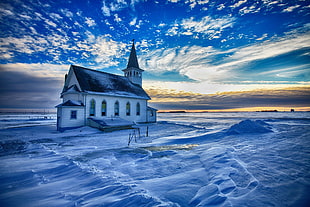 white concrete house, sky, clouds, snow, winter