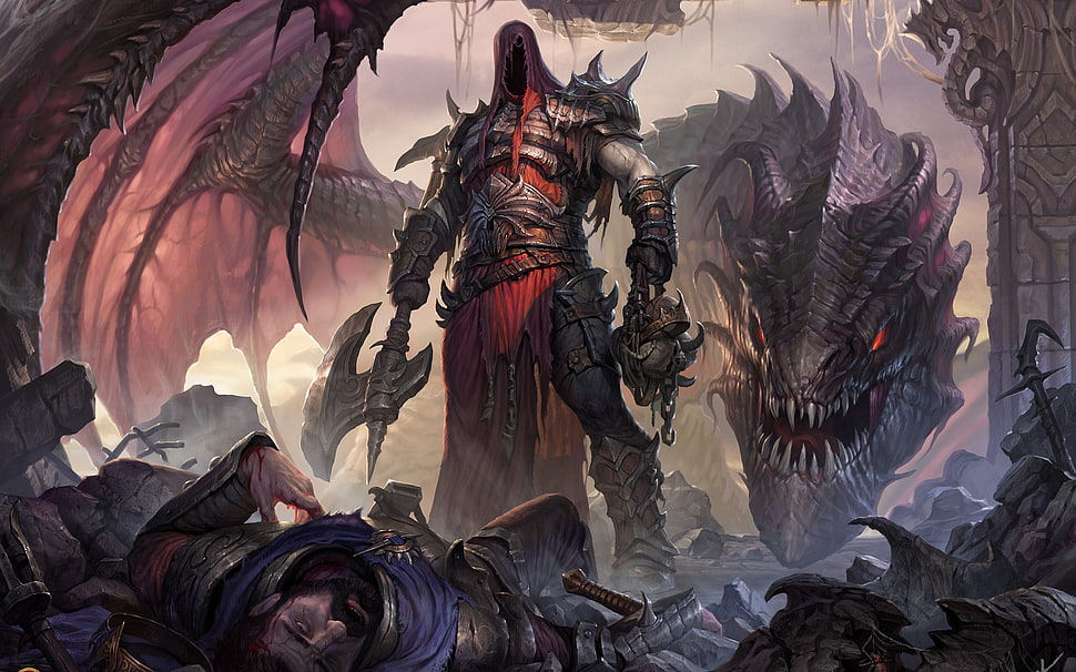 black dragon and warrior wallpaper, dragon, hero, fantasy art HD wallpaper