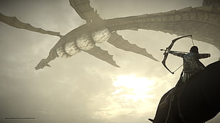 silhouette of person pointing bow and arrow at flying dragon illustration, video games, Shadow of the Colossus