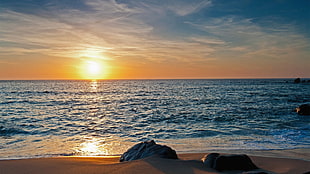 beach and sunset, beach, sea, sky, horizon HD wallpaper