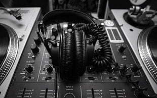 black corded headphones, audio-technica, headphones, monochrome
