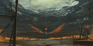 angel floating midair under an opening in the sky