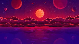 digital painting of body of water, sunset, sun rays, mountains, stars