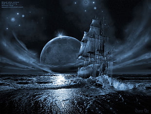 galleon ship illustration, Moon, sailing ship, ghost ship, fantasy art