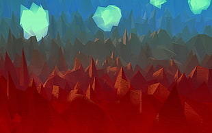 red and green artwork, artwork, mountains, clouds, abstract