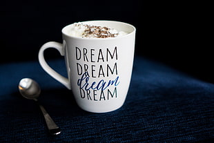 white ceramic mug, Mug, Inscription, Dream