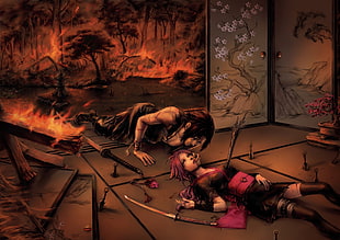 man holding woman face lying on floor digital wallpaper, Naruto Shippuuden, anime, manga, Uchiha Sasuke