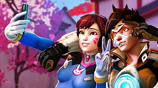 male and female animated characters, Overwatch, Tracer (Overwatch), D.Va (Overwatch)