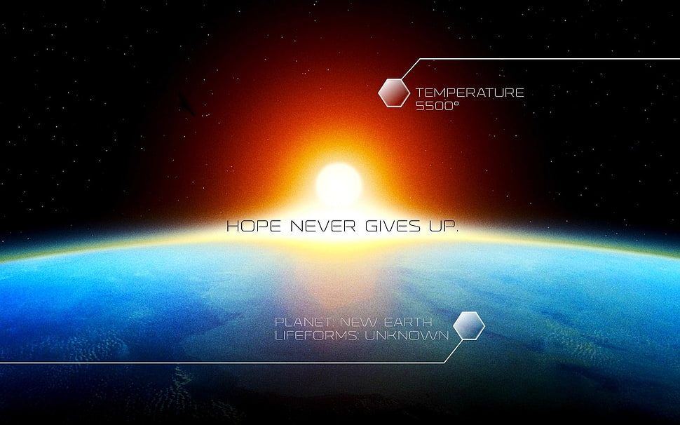 hope never gives up text, texture, typography, space art, digital art HD wallpaper