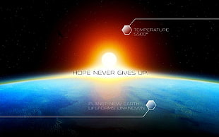 hope never gives up text, texture, typography, space art, digital art HD wallpaper