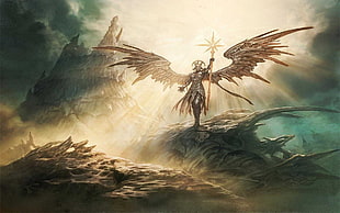 female character with wings digital wallpaper, fantasy art, angel, Magic: The Gathering, wings