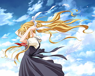 female anime holding her blonde hair illustration