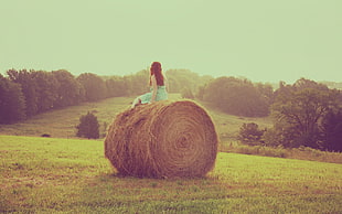 woman in blue dress sitting on hay roll during daytime