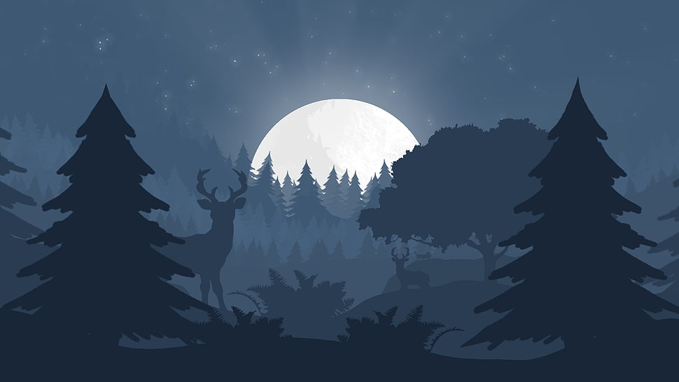 deers and trees illustration, minimalism, forest, night, moon rays HD wallpaper