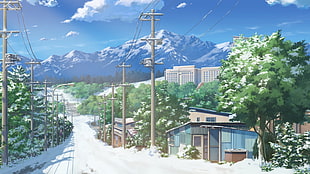 blue house facade digital wallpaper, anime, landscape